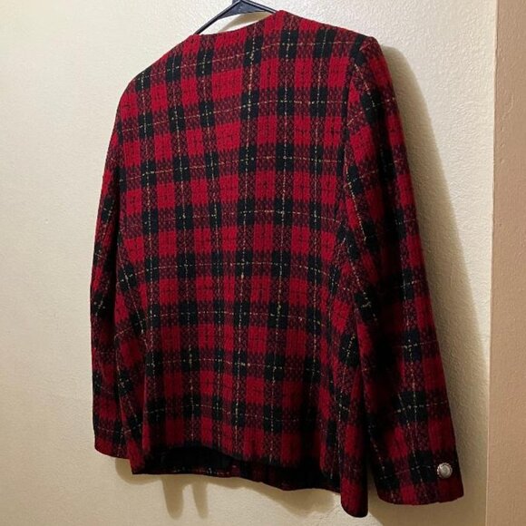 Vintage Talbots Womens Red Plaid Tweed Wool Pearl Button Blazer Jacket 16 Petite - Picture 2 of 6